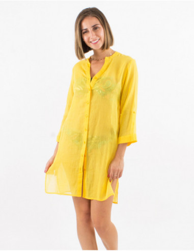 Chemise longue de plage tissu transparent pour l'été unie jaune