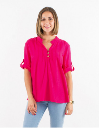Basic tunic with short sleeves and pleats on the chest plain pink fuchsia