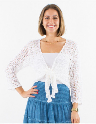 Veste d'été ajourée uni blanc pour femme à nouer