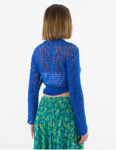 Veste légère d'été ajourée pour femme bleu éléectrique dos