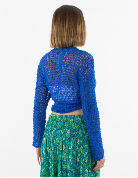 Veste légère d'été ajourée pour femme bleu éléectrique dos
