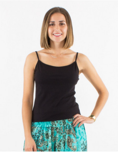 Women's tank top with thin straps for summer basic round neck plain black