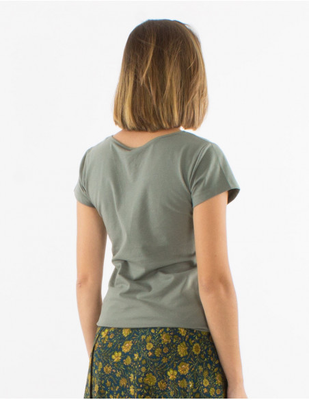 T shirt basique à manches courtes en coton col V kaki pour femme