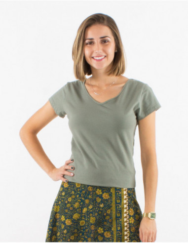 Tee shirt woman short sleeves simple cotton color khaki green