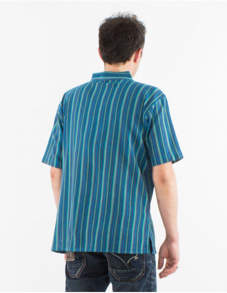 Men's cotton short sleeve shirt with turquoise Nepalese stripes