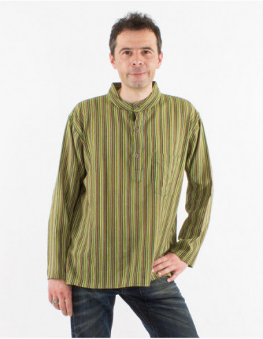 Chemise homme en coton à manches longues rayures népalaises vert kaki