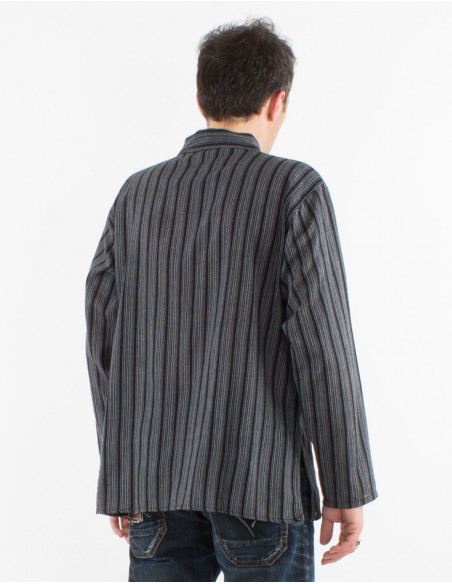 Chemise basique printemps pour homme coton rayé népalais noir