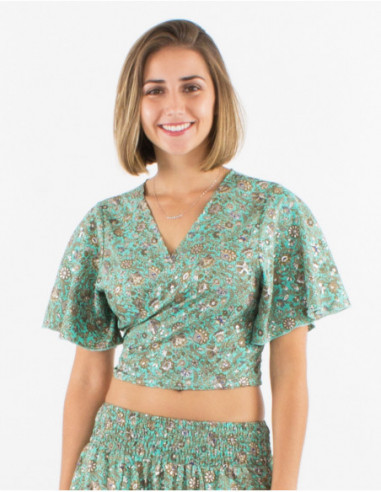 Fluid summer crop top to tie in the back small flowers mint