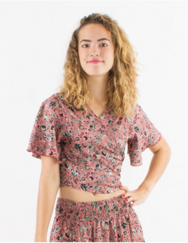 Blouse crop top cache cœur bohème chic fleurie rose fuchsia