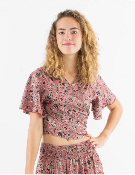 Blouse crop top cache cœur bohème chic fleurie rose fuchsia