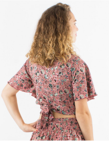 Top d'été court femme imprimé petites fleurs dorées rose