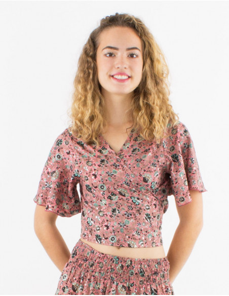 Haut fluide d'été crop top à nouer dans le dos petites fleurs roses