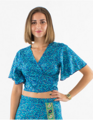 Blue arabesque short blouse for women