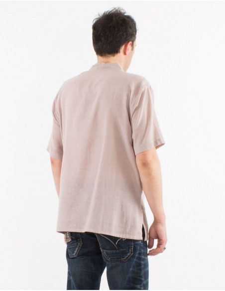 Chemise col mao à boutons manches courtes en coton uni beige naturel pour homme