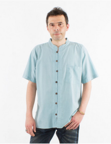 Classic men's summer short-sleeve shirt in plain water green