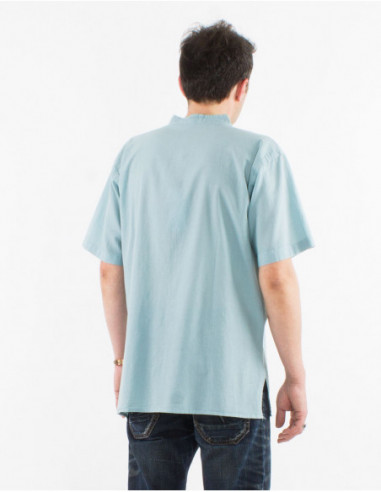 Men's summer cotton shirt with plain water green buttons