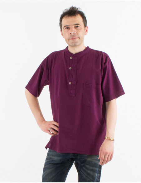 Simple straight short sleeve shirt in burgundy red cotton