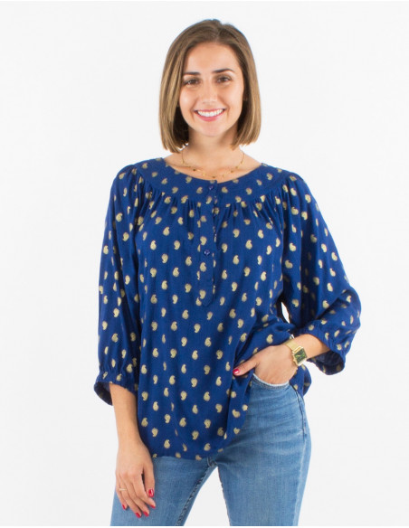 Women's loose blouse with 3/4 balloon sleeves and chest pleats gold pattern