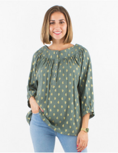 Loose blouse woman with pleats on the neck bohemian chic khahi green