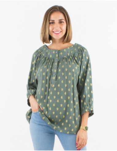 Women's loose blouse with 3/4 balloon sleeves and chest pleats gold pattern