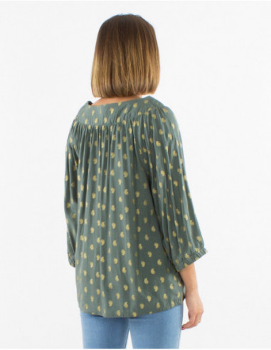 Chic khaki blouse for women with pleats on the collar and golden feather patterns