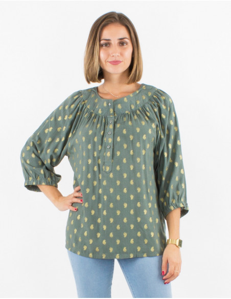 Women's loose blouse with 3/4 balloon sleeves and chest pleats khaki green pattern