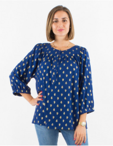 Blouse ample femme fluide à manches 3/4 ballon et plis poitrine motif doré bleu marine