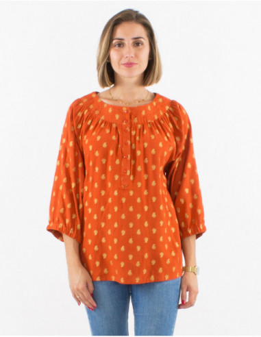 Women's loose blouse with 3/4 balloon sleeves and chest pleats gold pattern