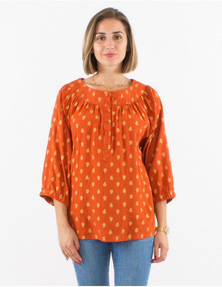 Blouse ample femme avec plis sur le col bohème chic doré rouille