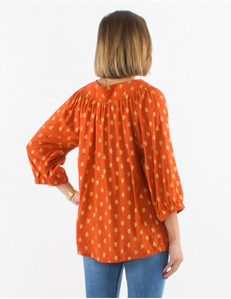 Chic rust blouse for women with pleats on the collar and golden feather patterns