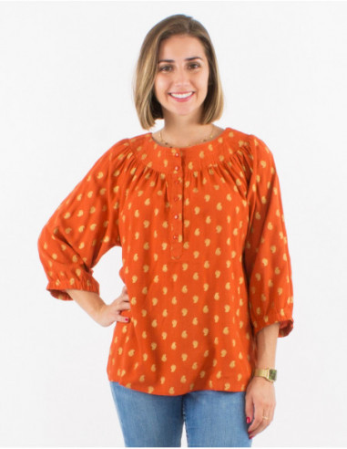 Blouse ample femme fluide à manches 3/4 ballon et plis poitrine motif doré rouille