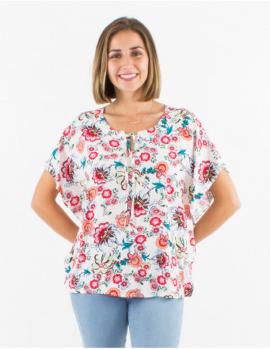 Blouse ample confortable pour le printemps à imprimé romantique fleuri blanc