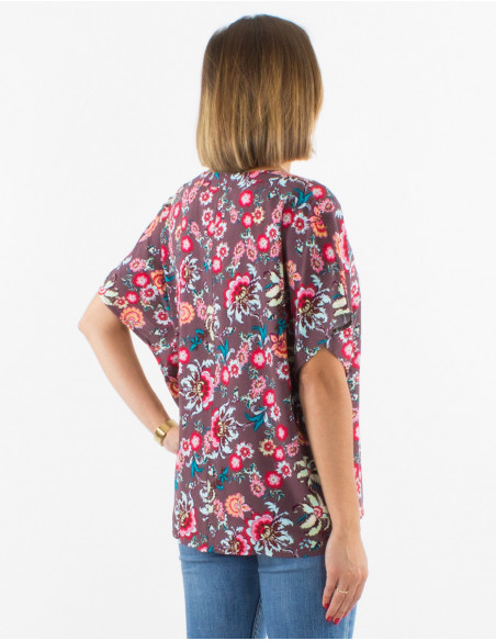 Tee shirt ample léger pour femme à motif bohème chic petites fleurs marron