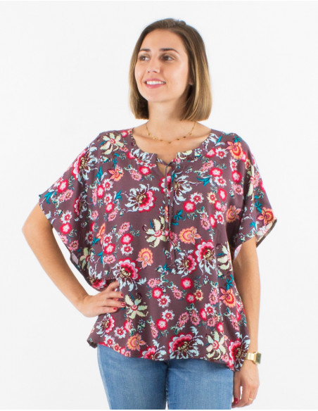 Lightweight summer blouse for women with romantic chic chocolate brown flowers