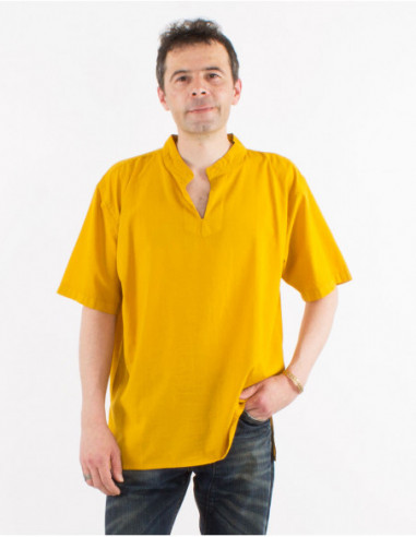 Men's short sleeve summer V-neck shirt in mustard yellow cotton