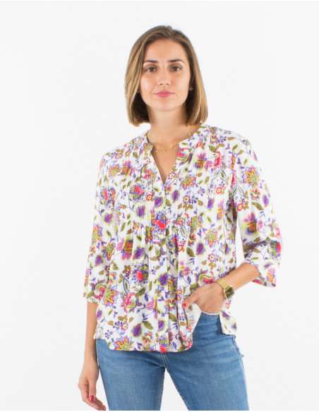Blouse fluide et confortable manches 3/4 à motifs chic fleuri blanc