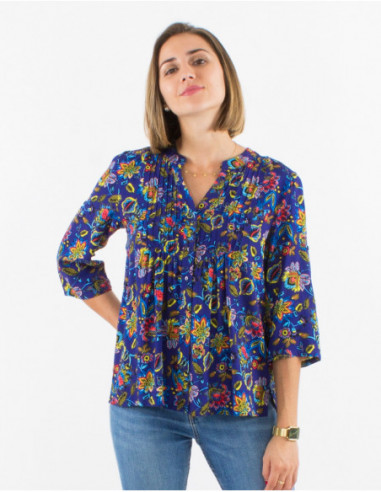 3/4 sleeves navy blue blouse with chic pleats and bohemian floral print