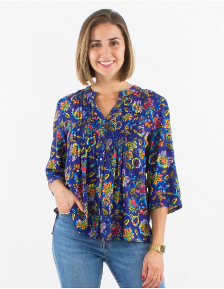 Blouse fluide et confortable manches 3/4 à motifs chic fleuri bleu marine
