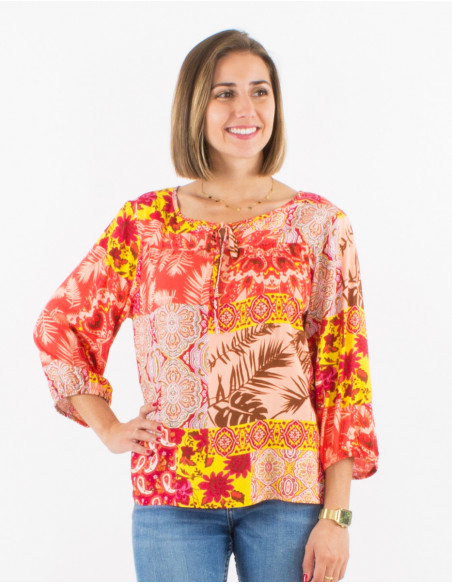 Blouse fluide et légère à manches 3/4 ballon motif patchwork corail