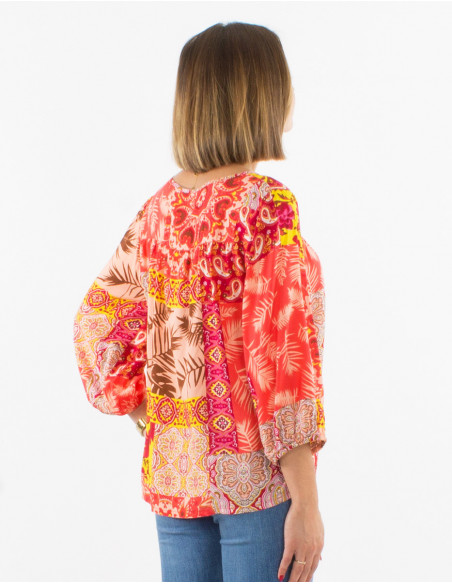 Chemisier fluide estival pour femme à imprimé patchwork bohème rose corail