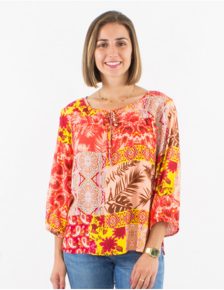 Blouse ample et confortable pour l'été avec motifs patchwork originaux rose corail