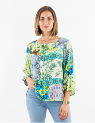 Lightweight flowing blouse with 3/4 balloon sleeves and blue patchwork pattern
