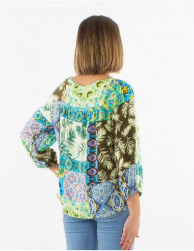 Women's summer flowing blouse with bohemian patchwork print in blue
