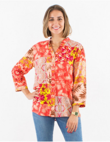 Original 3/4 sleeve shirt with coral pink baba cool patchwork print