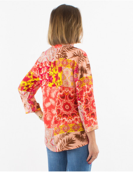 Coral pink floral patchwork button-down blouse for women