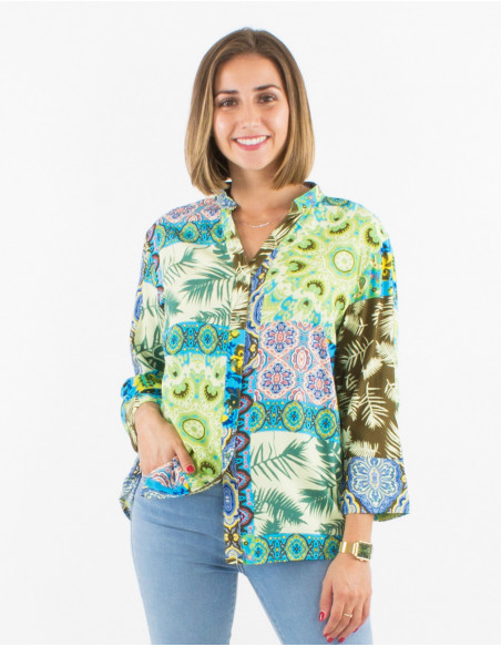 Original 3/4 sleeve shirt with emerald blue baba cool patchwork print