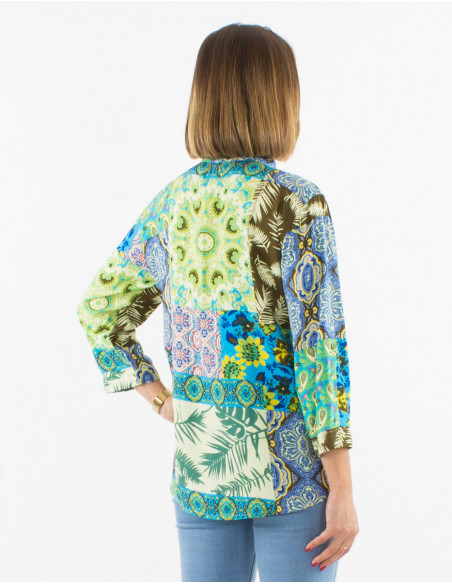 Turquoise blue floral patchwork button-down blouse for women