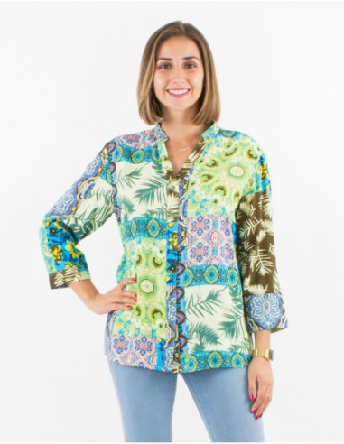 Fluid shirt with 3/4 sleeves patchwork pattern baba cool emerald blue