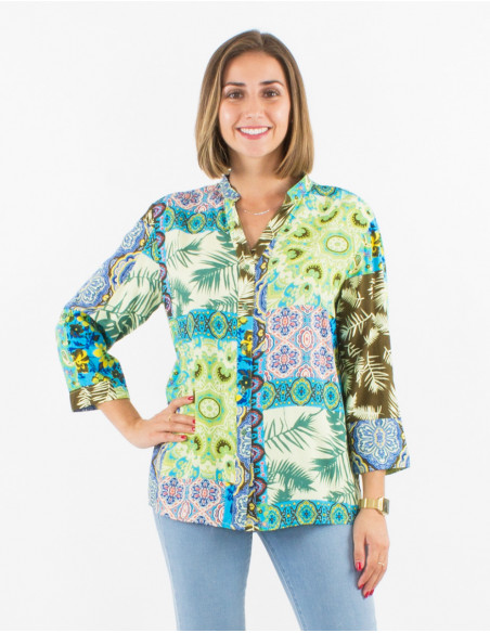 Fluid shirt with 3/4 sleeves patchwork pattern baba cool emerald blue