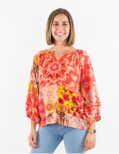 Women's summer flowing blouse with patchwork pattern baba cool coral pink